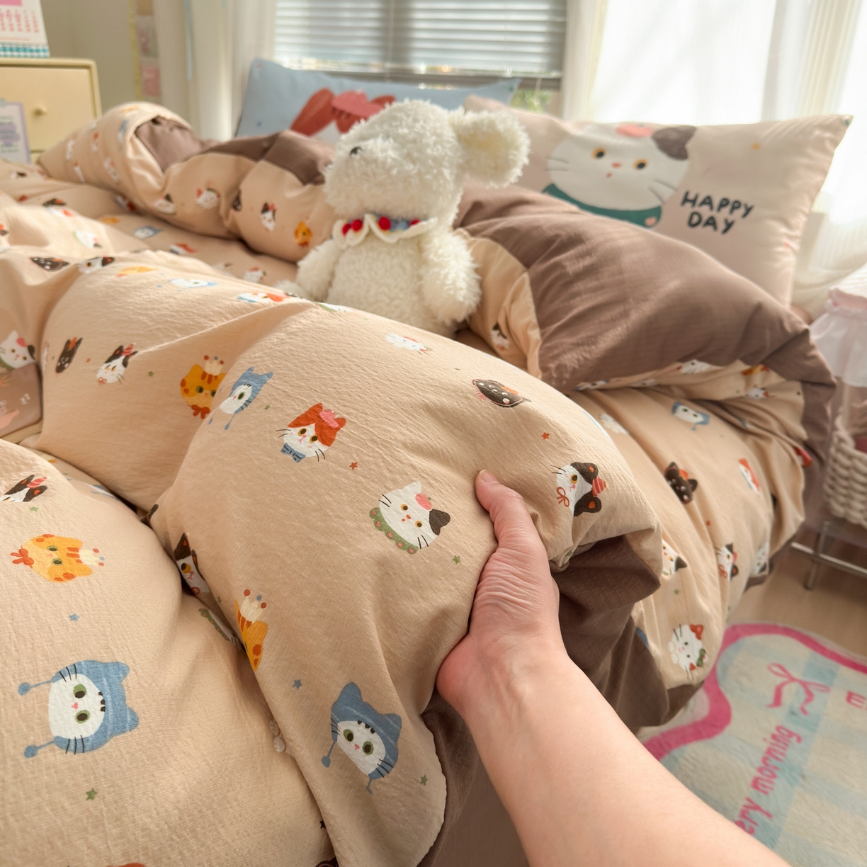 91家纺网 家纺一手货源 找家纺 一霖家纺 2026新款云感皱皱纱小清新印花数码系列四件套 小红书爆款 萌猫来袭