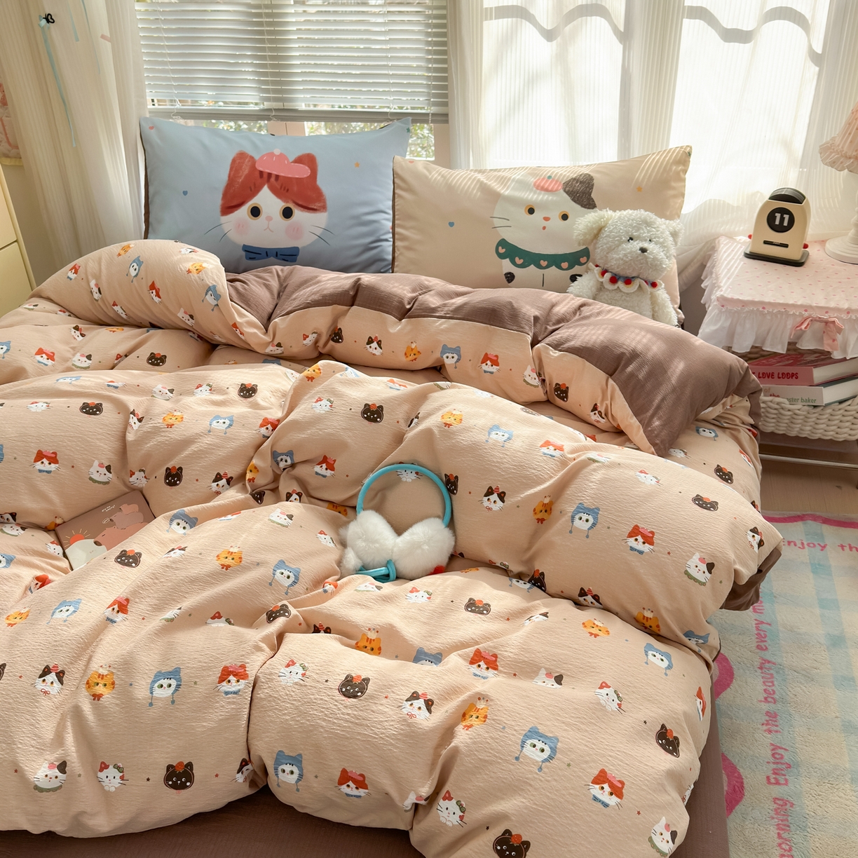 91家纺网 家纺一手货源 找家纺 一霖家纺 2026新款云感皱皱纱小清新印花数码系列四件套 小红书爆款 萌猫来袭