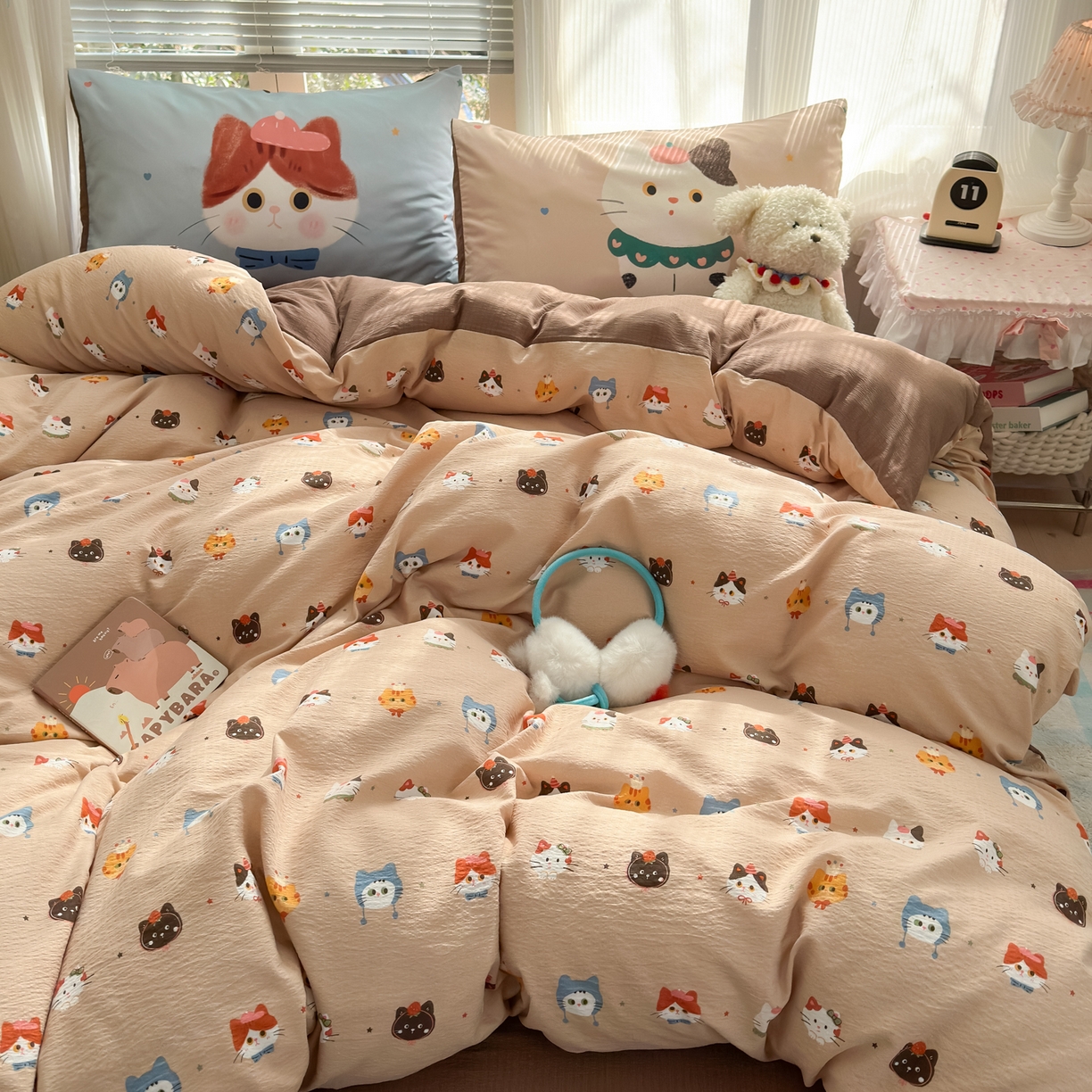 91家纺网 家纺一手货源 找家纺 一霖家纺 2026新款云感皱皱纱小清新印花数码系列四件套 小红书爆款 萌猫来袭