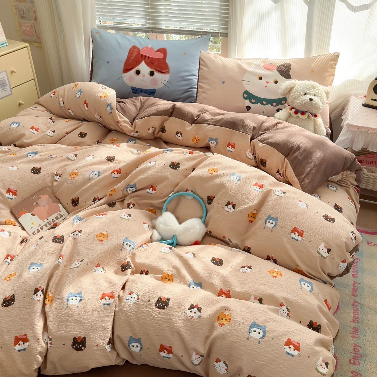 91家纺网 家纺一手货源 找家纺 一霖家纺 2026新款云感皱皱纱小清新印花数码系列四件套 小红书爆款 萌猫来袭