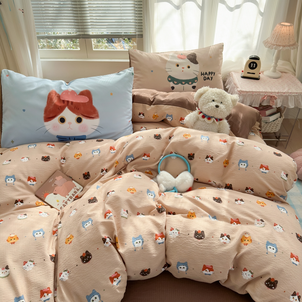 91家纺网 家纺一手货源 找家纺 一霖家纺 2026新款云感皱皱纱小清新印花数码系列四件套 小红书爆款 萌猫来袭