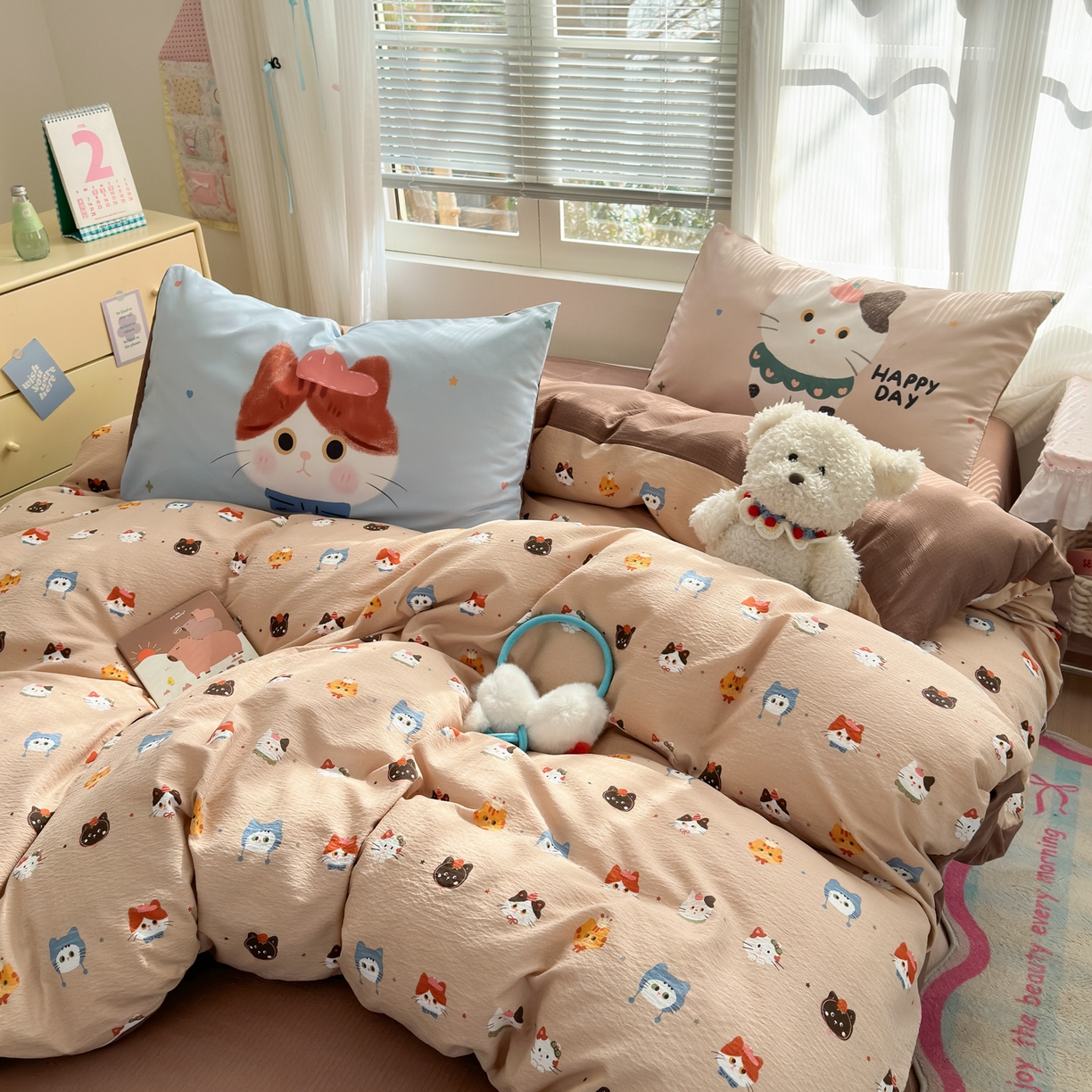 91家纺网 家纺一手货源 找家纺 一霖家纺 2026新款云感皱皱纱小清新印花数码系列四件套 小红书爆款 萌猫来袭