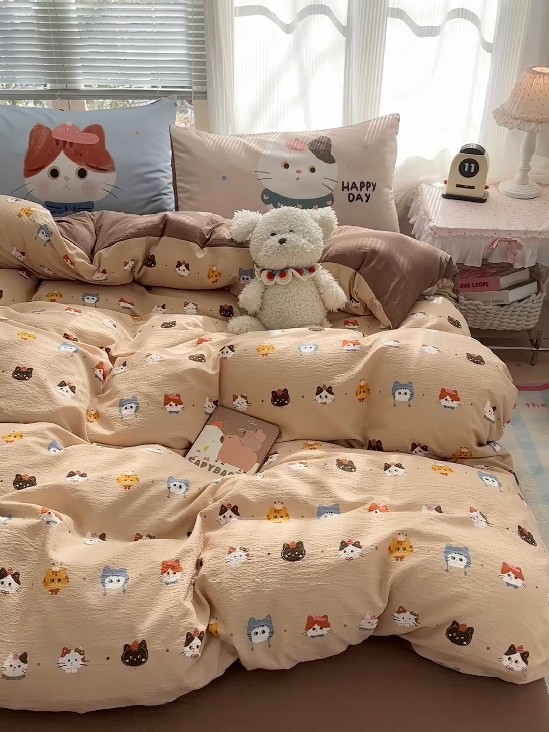 91家纺网 家纺一手货源 找家纺 一霖家纺 2026新款云感皱皱纱小清新印花数码系列四件套 小红书爆款 萌猫来袭