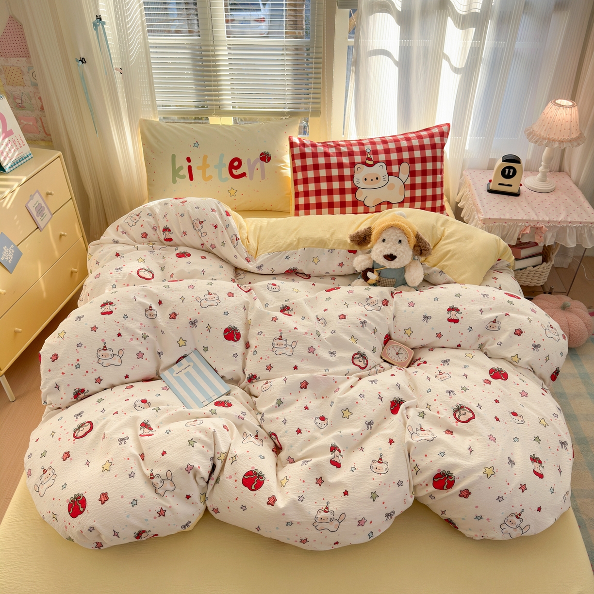 91家纺网 家纺一手货源 找家纺 一霖家纺 2026新款云感皱皱纱小清新印花数码系列四件套 小红书爆款 苹果小怪