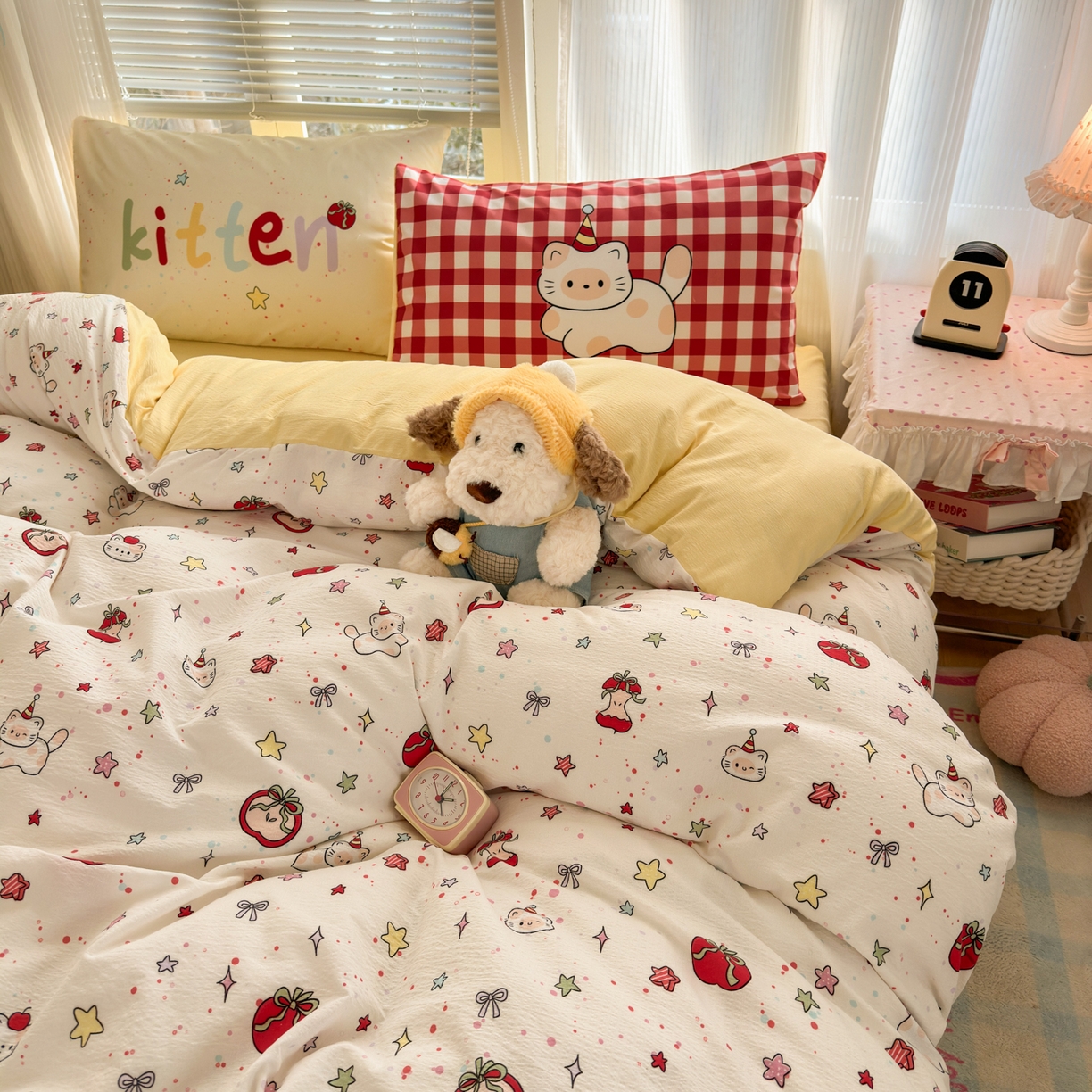 91家纺网 家纺一手货源 找家纺 一霖家纺 2026新款云感皱皱纱小清新印花数码系列四件套 小红书爆款 苹果小怪