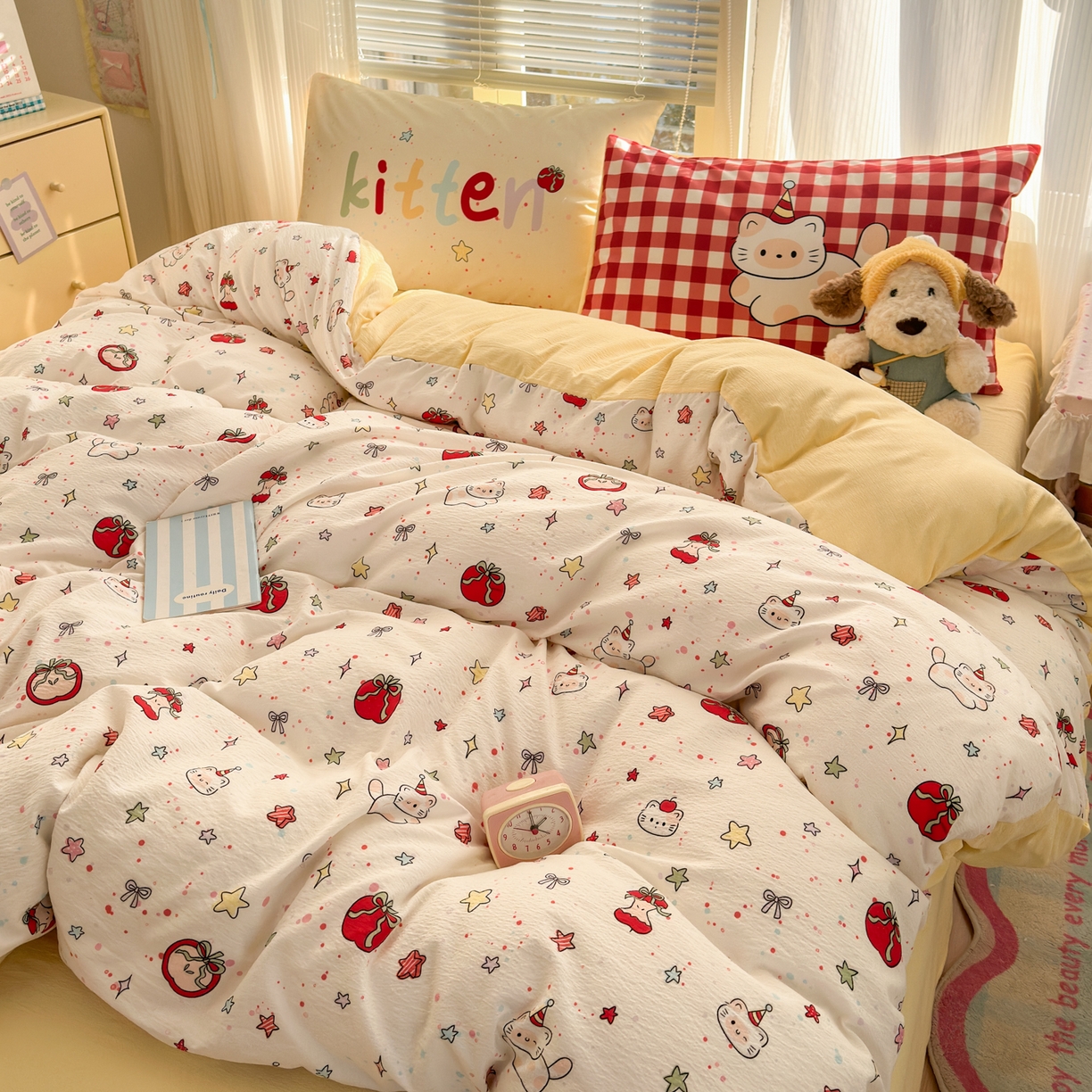 91家纺网 家纺一手货源 找家纺 一霖家纺 2026新款云感皱皱纱小清新印花数码系列四件套 小红书爆款 苹果小怪