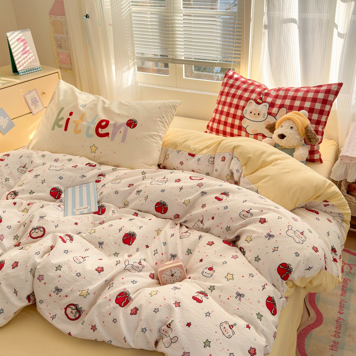 91家纺网 家纺一手货源 找家纺 一霖家纺 2026新款云感皱皱纱小清新印花数码系列四件套 小红书爆款 苹果小怪