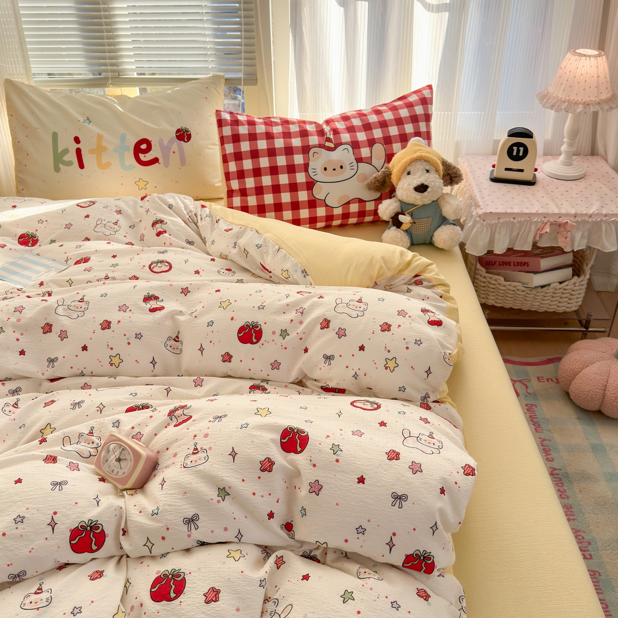 91家纺网 家纺一手货源 找家纺 一霖家纺 2026新款云感皱皱纱小清新印花数码系列四件套 小红书爆款 苹果小怪