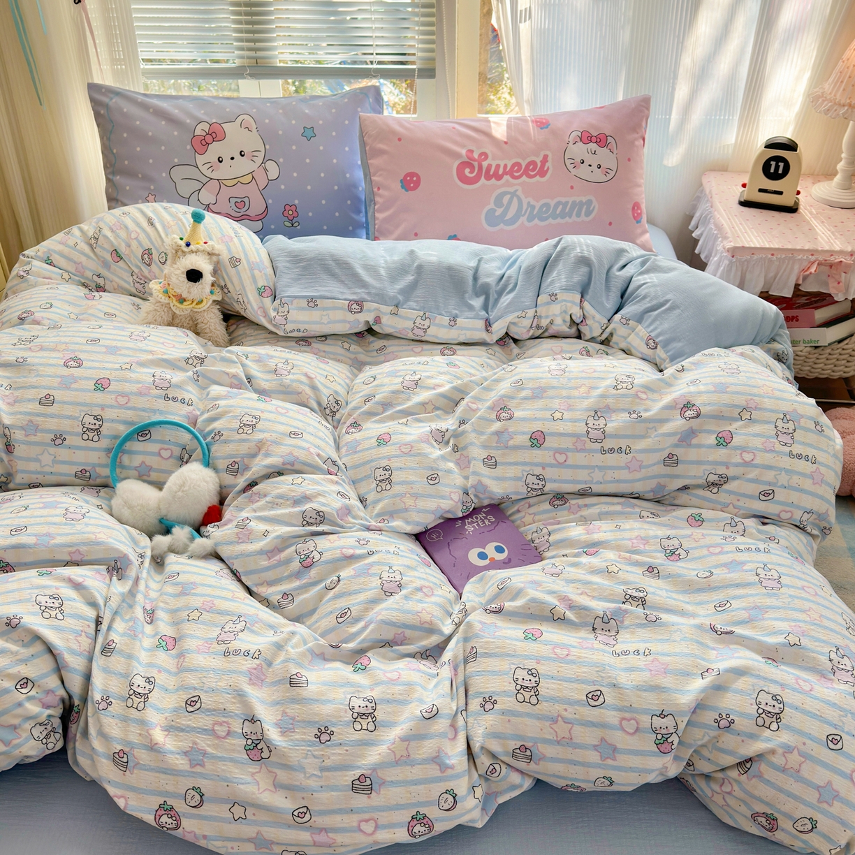 一霖家纺 2026新款云感皱皱纱小清新印花数码系列四件套 小红书爆款 切块蛋糕猫