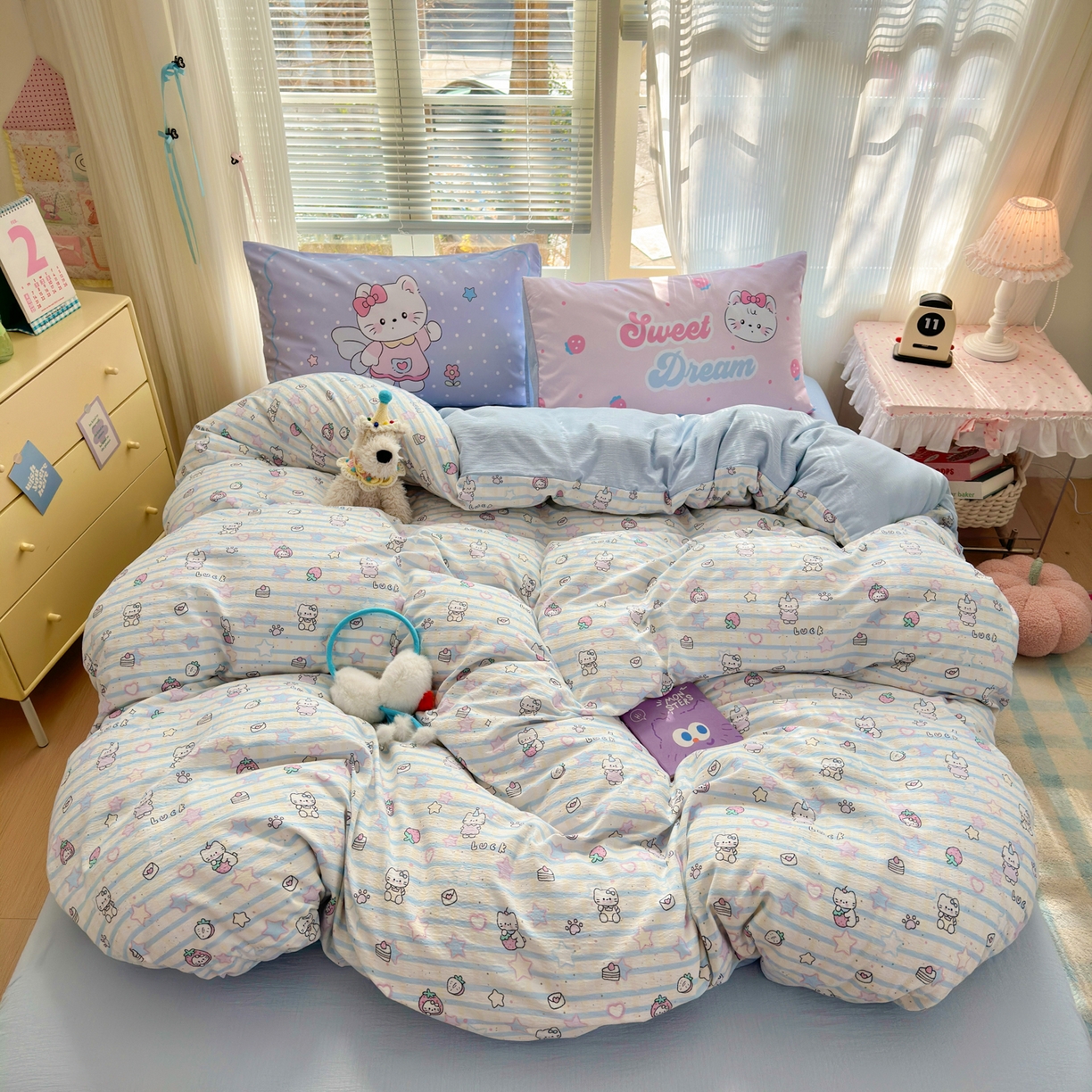 91家纺网 家纺一手货源 找家纺 一霖家纺 2026新款云感皱皱纱小清新印花数码系列四件套 小红书爆款 切块蛋糕猫