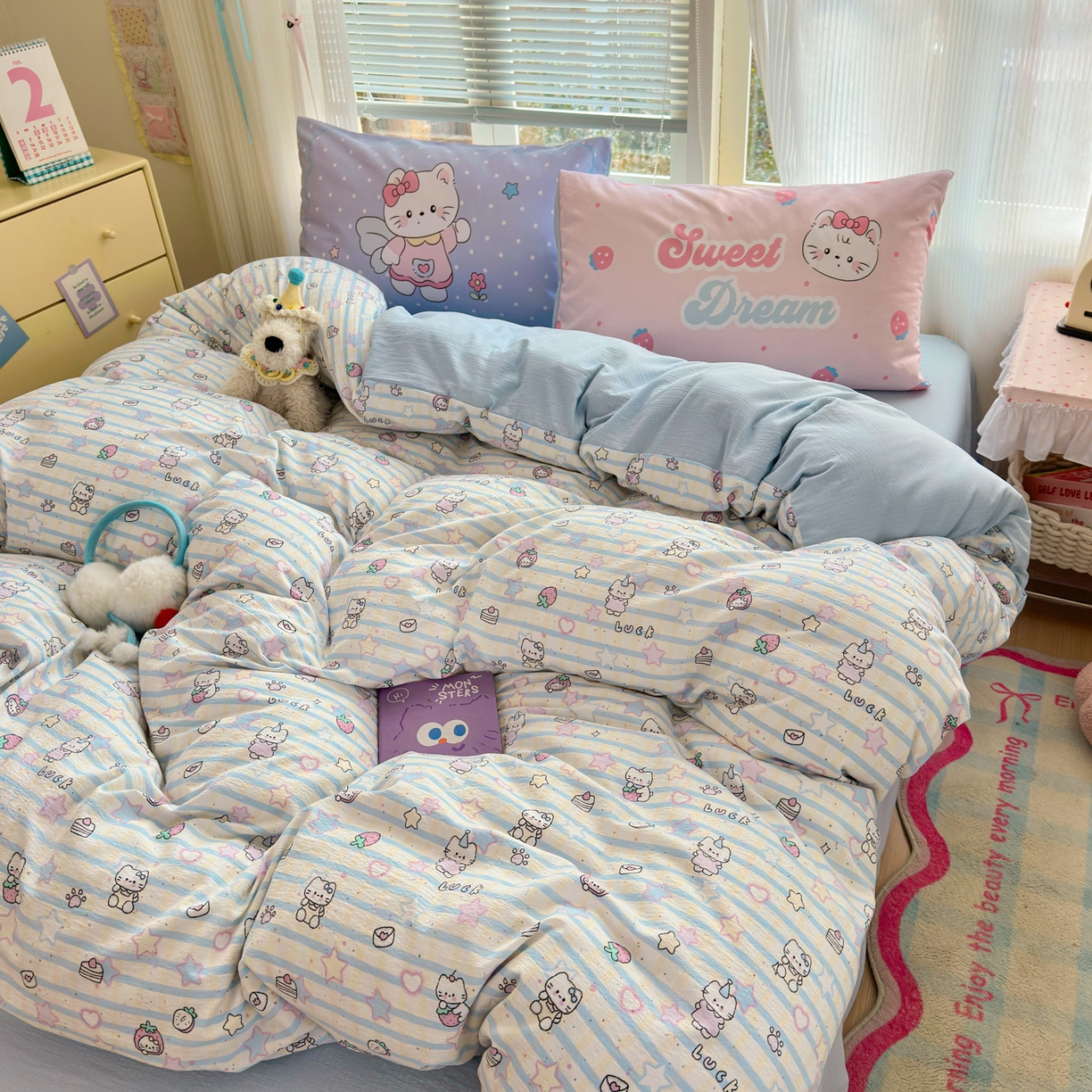 91家纺网 家纺一手货源 找家纺 一霖家纺 2026新款云感皱皱纱小清新印花数码系列四件套 小红书爆款 切块蛋糕猫