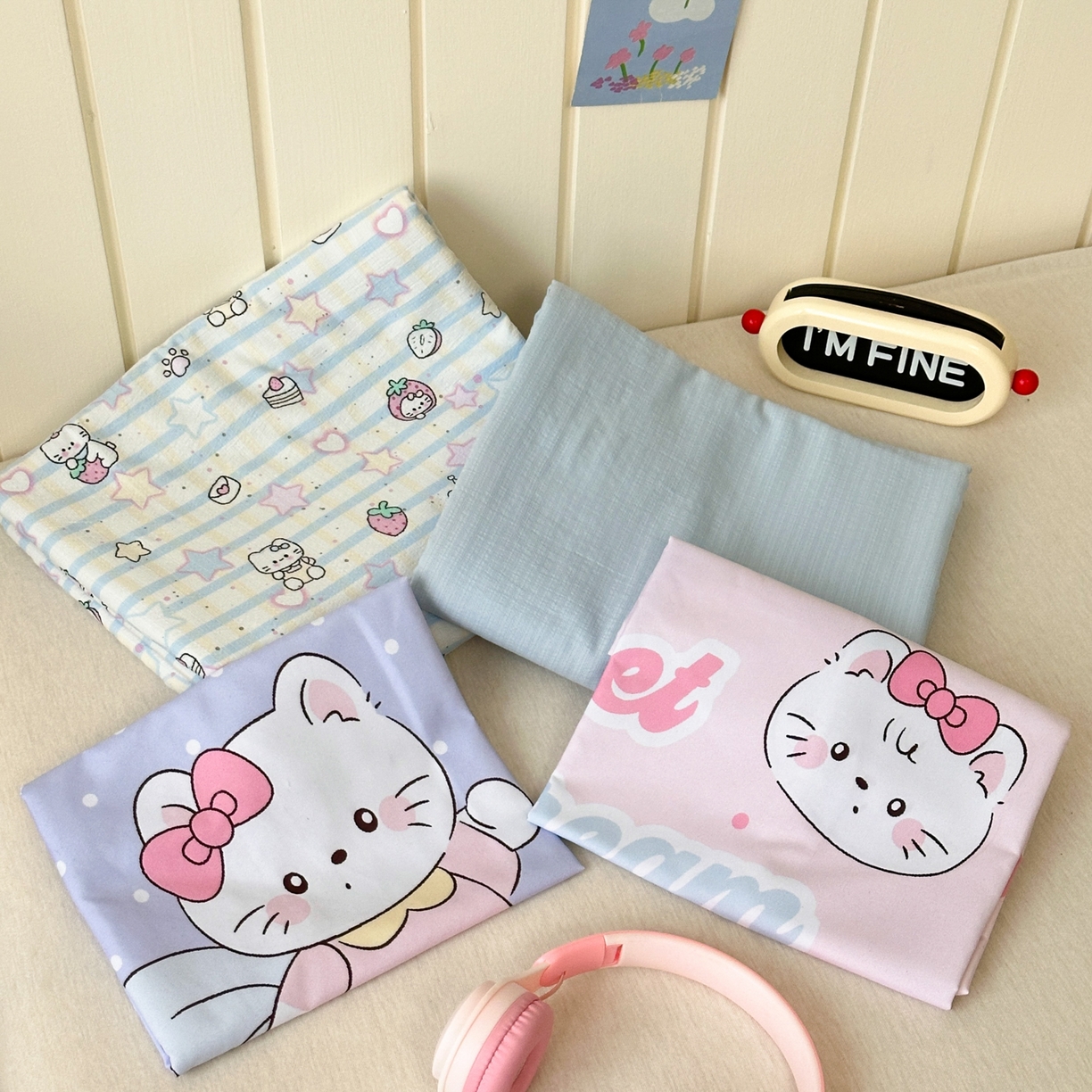 91家纺网 家纺一手货源 找家纺 一霖家纺 2026新款云感皱皱纱小清新印花数码系列四件套 小红书爆款 切块蛋糕猫