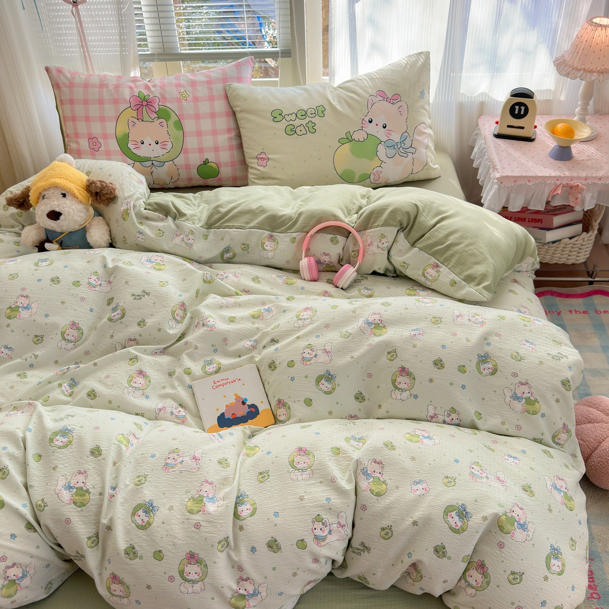 一霖家纺 2026新款云感皱皱纱小清新印花数码系列四件套 小红书爆款 青苹果猫