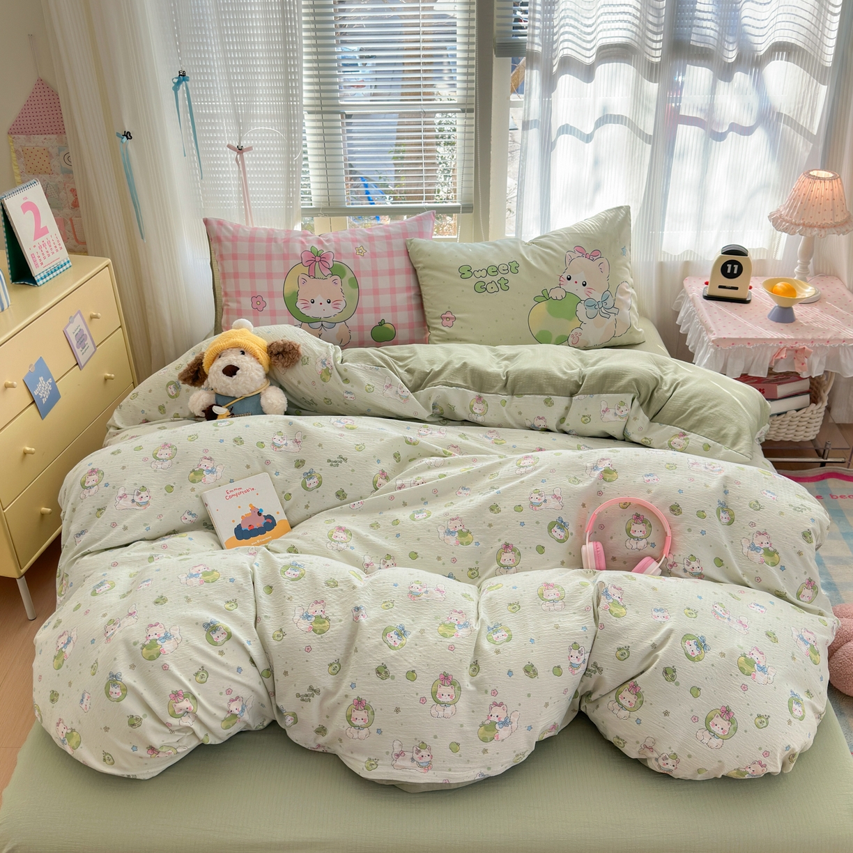 91家纺网 家纺一手货源 找家纺 一霖家纺 2026新款云感皱皱纱小清新印花数码系列四件套 小红书爆款 青苹果猫