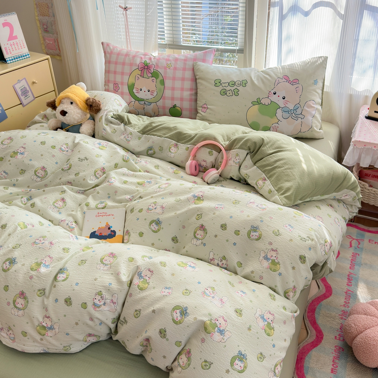 91家纺网 家纺一手货源 找家纺 一霖家纺 2026新款云感皱皱纱小清新印花数码系列四件套 小红书爆款 青苹果猫