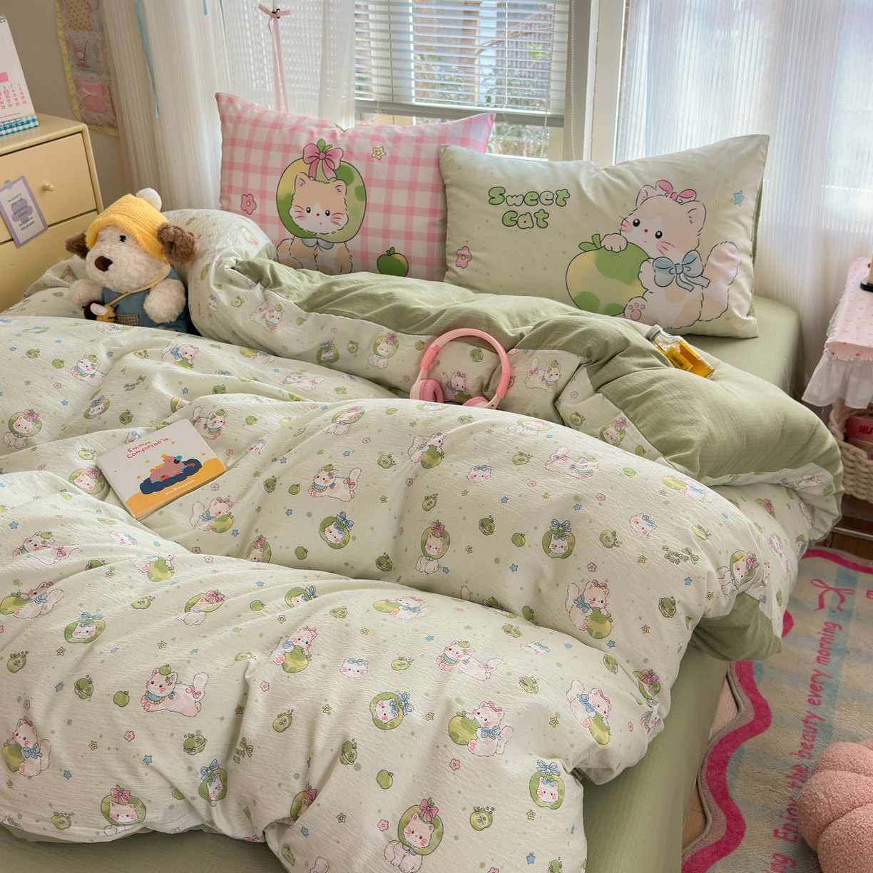 91家纺网 家纺一手货源 找家纺 一霖家纺 2026新款云感皱皱纱小清新印花数码系列四件套 小红书爆款 青苹果猫