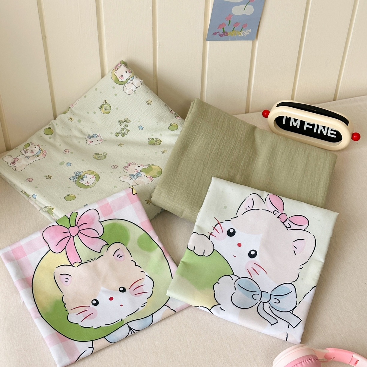 91家纺网 家纺一手货源 找家纺 一霖家纺 2026新款云感皱皱纱小清新印花数码系列四件套 小红书爆款 青苹果猫