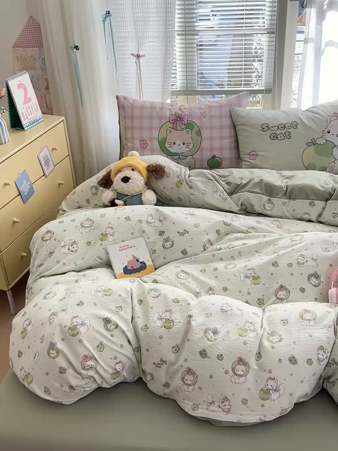 91家纺网 家纺一手货源 找家纺 一霖家纺 2026新款云感皱皱纱小清新印花数码系列四件套 小红书爆款 青苹果猫