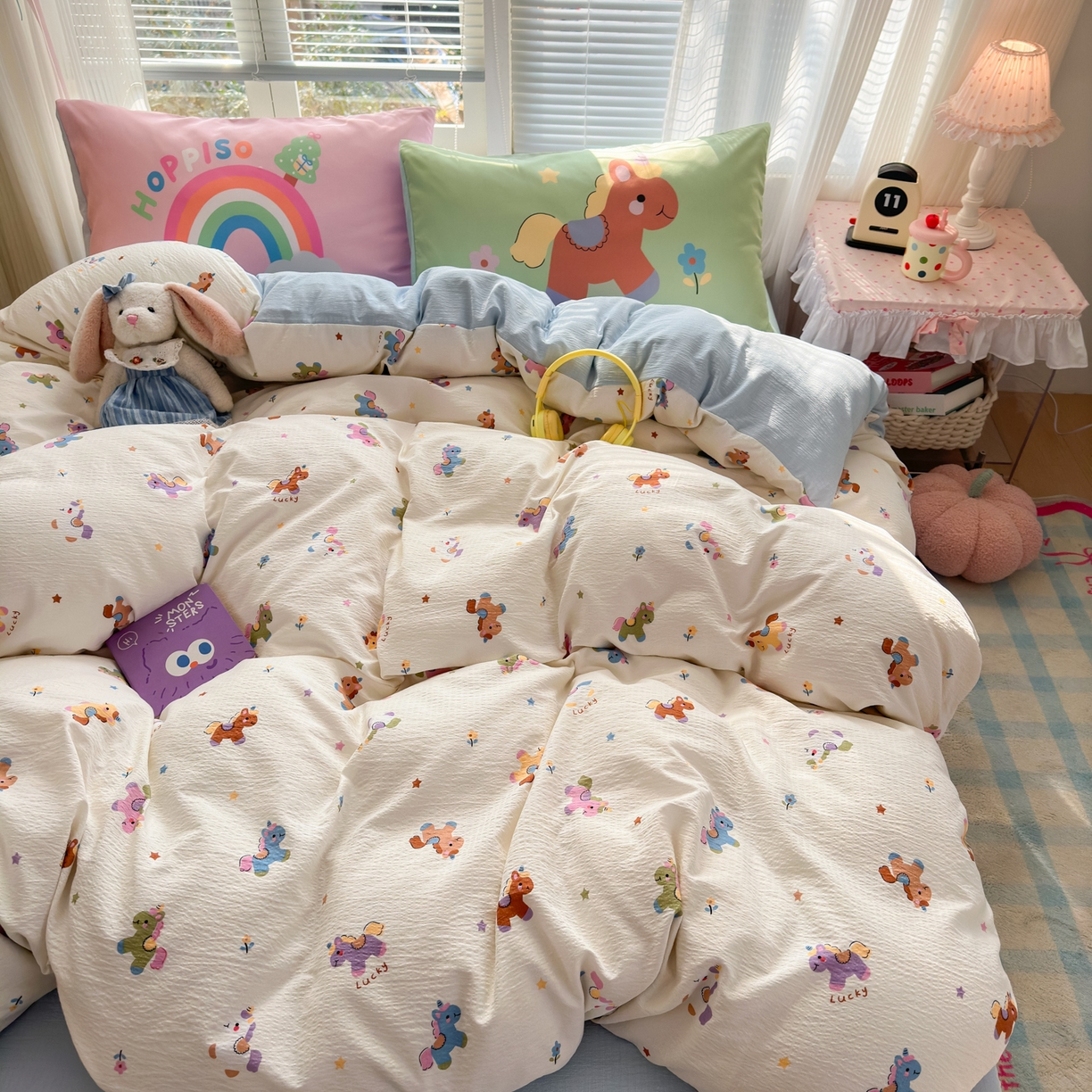 一霖家纺 2026新款云感皱皱纱小清新印花数码系列四件套 小红书爆款 童年木马