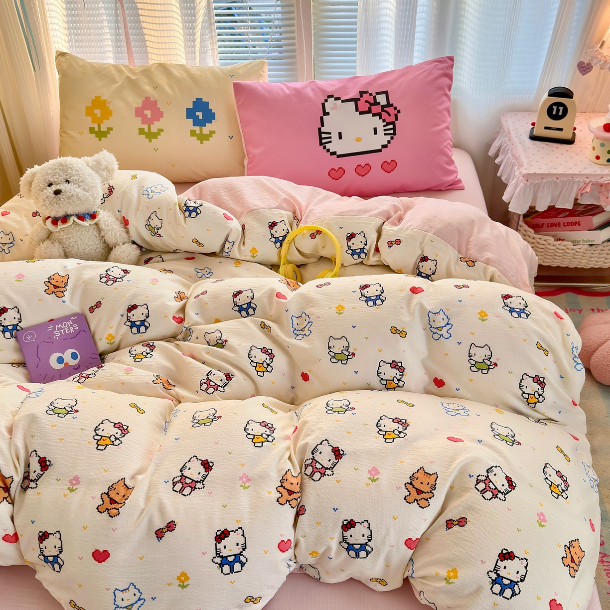 一霖家纺 2026新款云感皱皱纱小清新印花数码系列四件套 小红书爆款 像素小猫