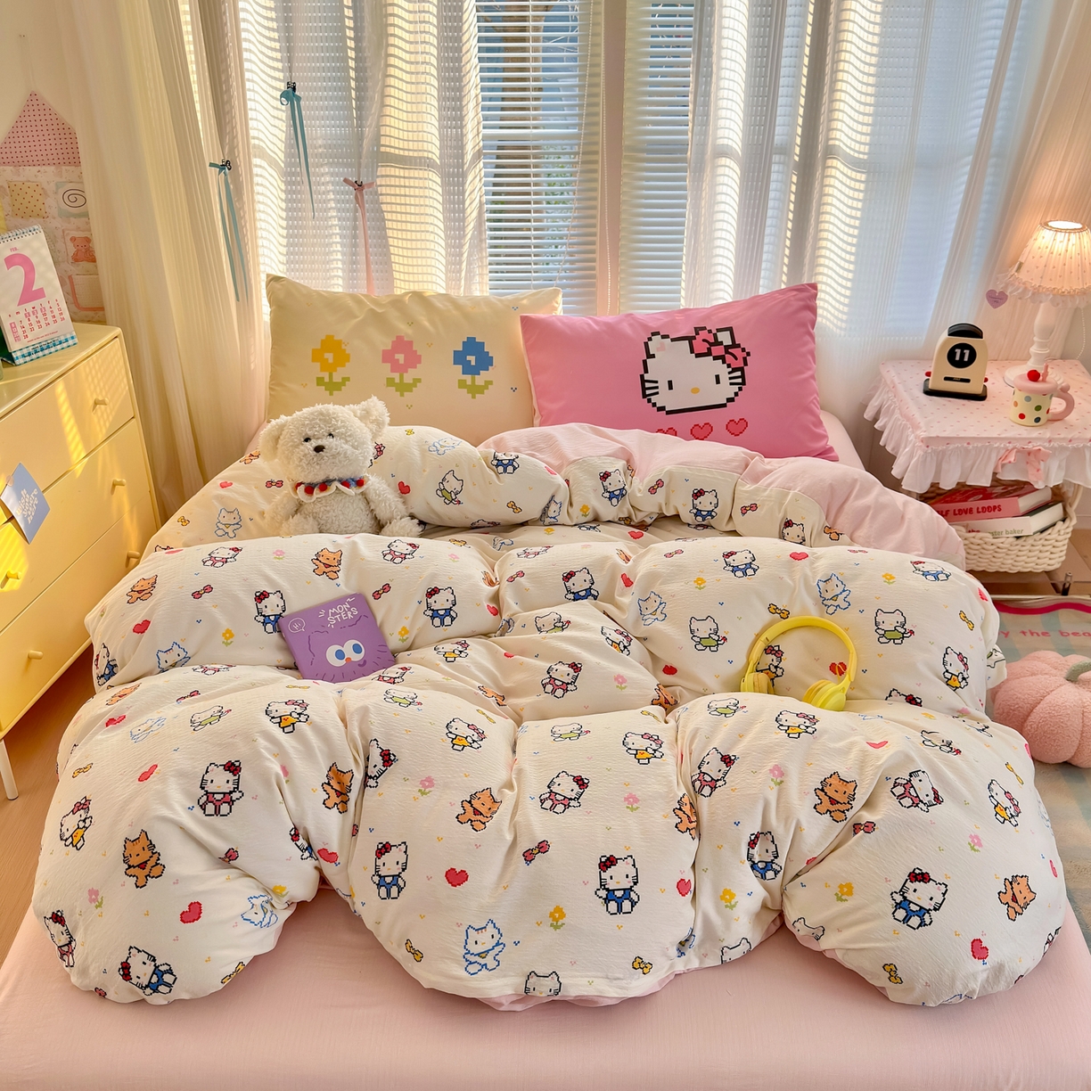 91家纺网 家纺一手货源 找家纺 一霖家纺 2026新款云感皱皱纱小清新印花数码系列四件套 小红书爆款 像素小猫