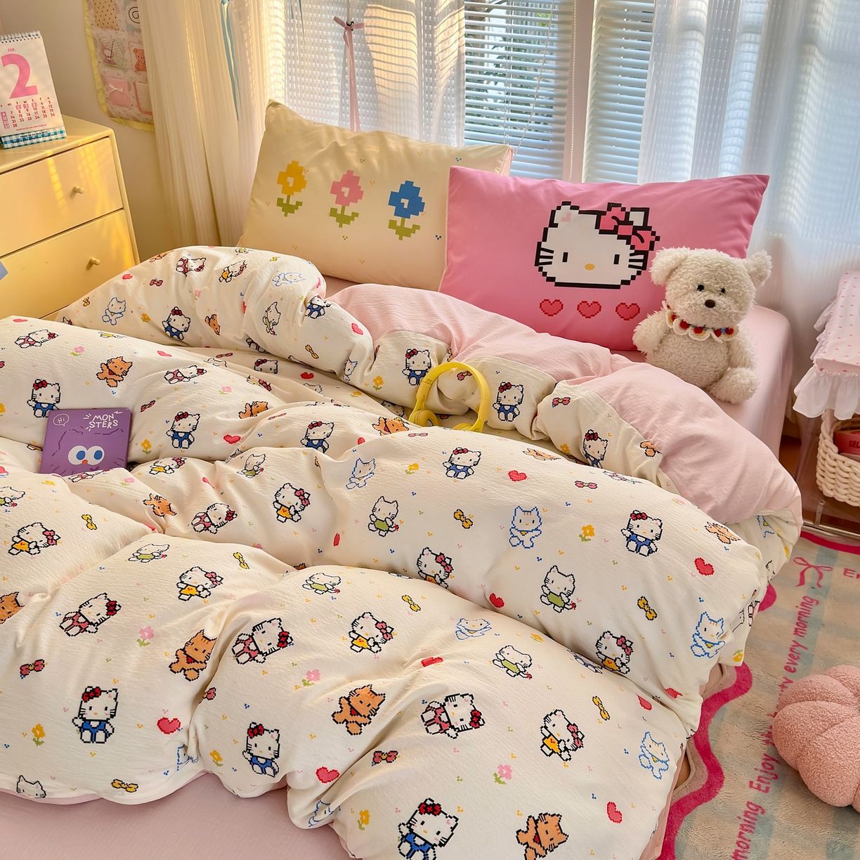 91家纺网 家纺一手货源 找家纺 一霖家纺 2026新款云感皱皱纱小清新印花数码系列四件套 小红书爆款 像素小猫