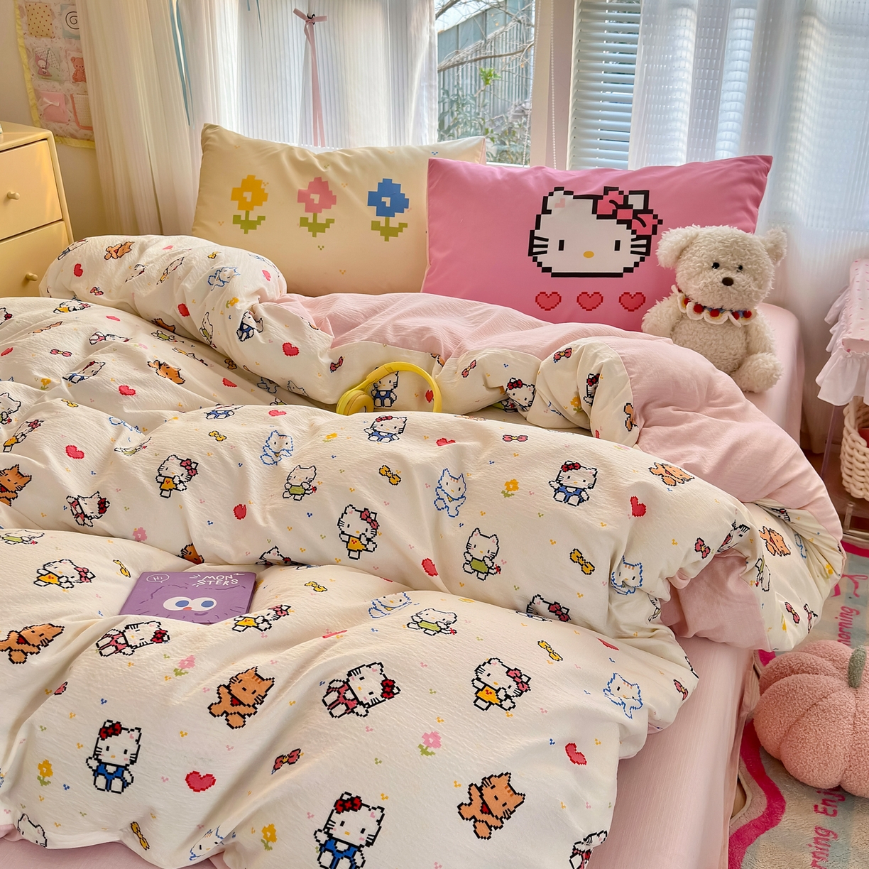 91家纺网 家纺一手货源 找家纺 一霖家纺 2026新款云感皱皱纱小清新印花数码系列四件套 小红书爆款 像素小猫