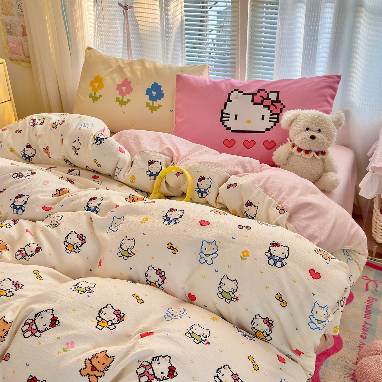 91家纺网 家纺一手货源 找家纺 一霖家纺 2026新款云感皱皱纱小清新印花数码系列四件套 小红书爆款 像素小猫