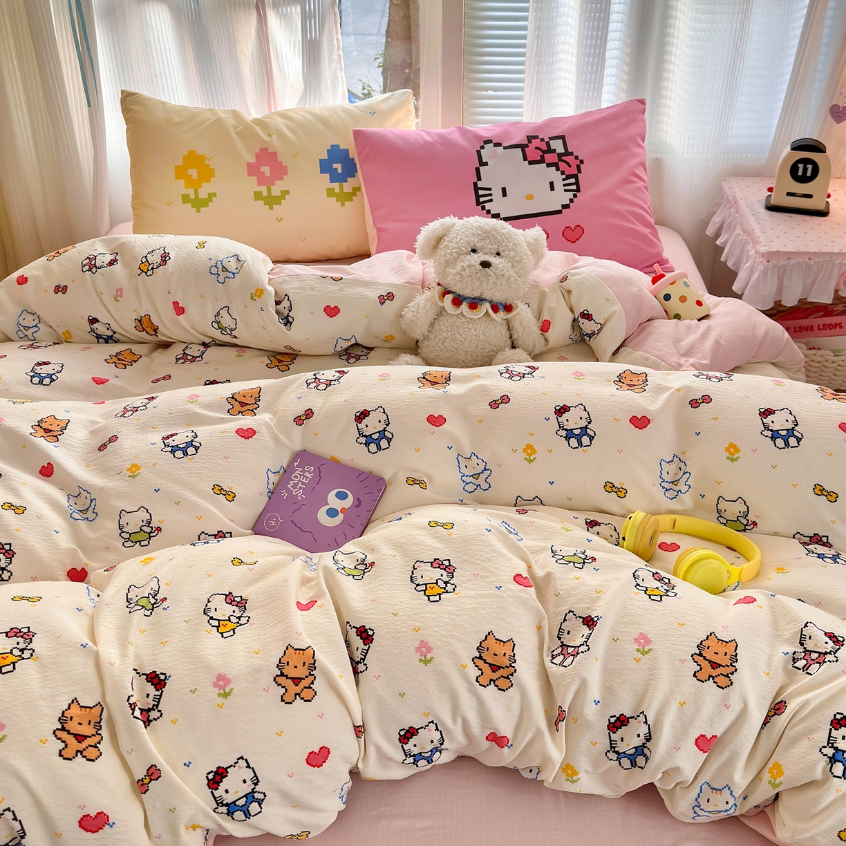 91家纺网 家纺一手货源 找家纺 一霖家纺 2026新款云感皱皱纱小清新印花数码系列四件套 小红书爆款 像素小猫