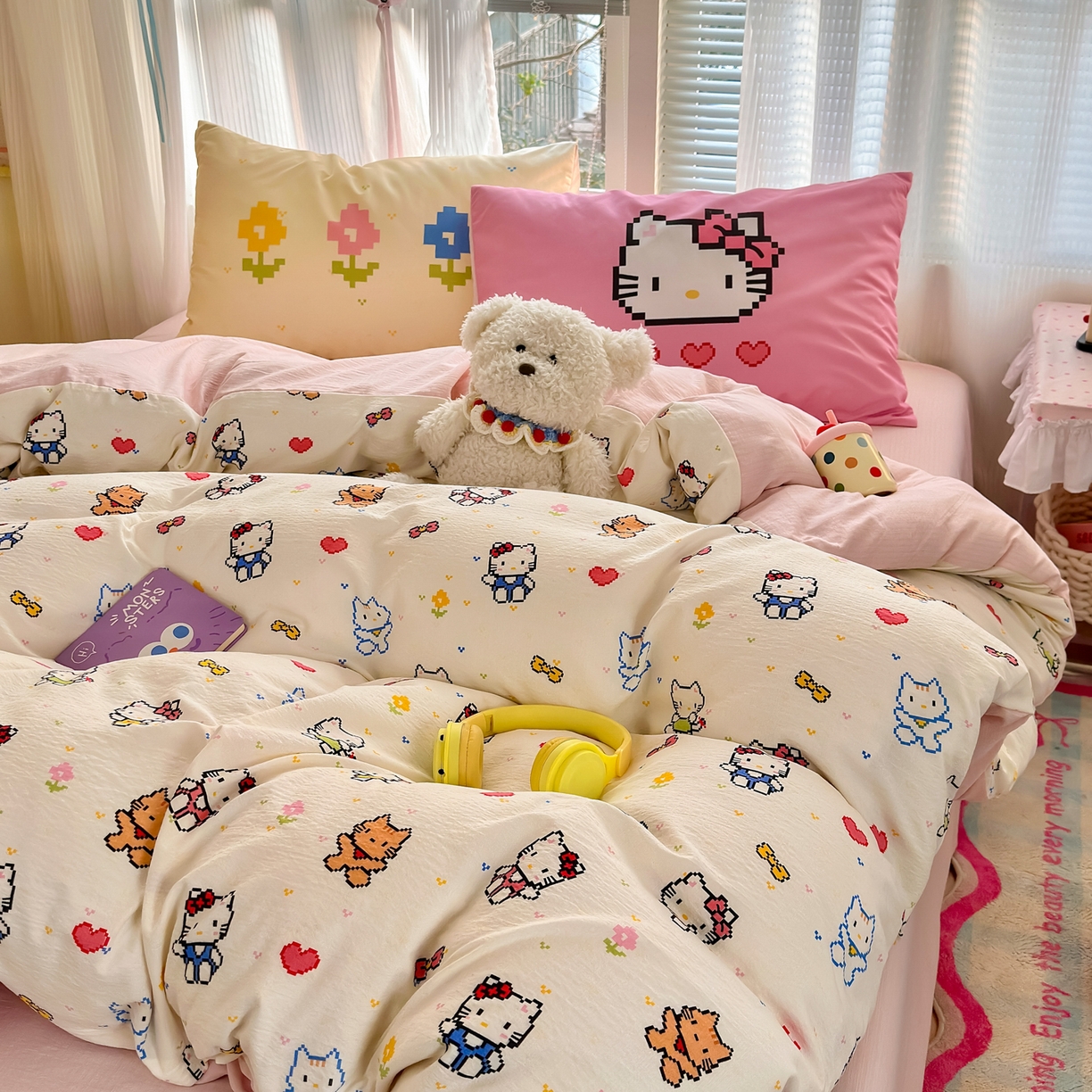 91家纺网 家纺一手货源 找家纺 一霖家纺 2026新款云感皱皱纱小清新印花数码系列四件套 小红书爆款 像素小猫