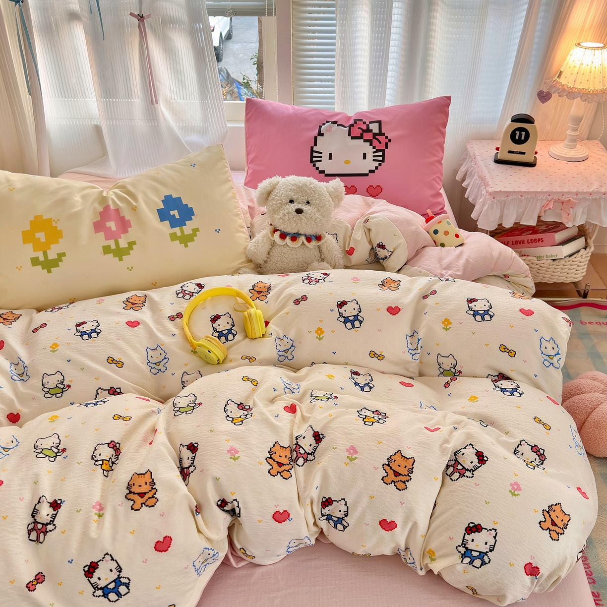 91家纺网 家纺一手货源 找家纺 一霖家纺 2026新款云感皱皱纱小清新印花数码系列四件套 小红书爆款 像素小猫