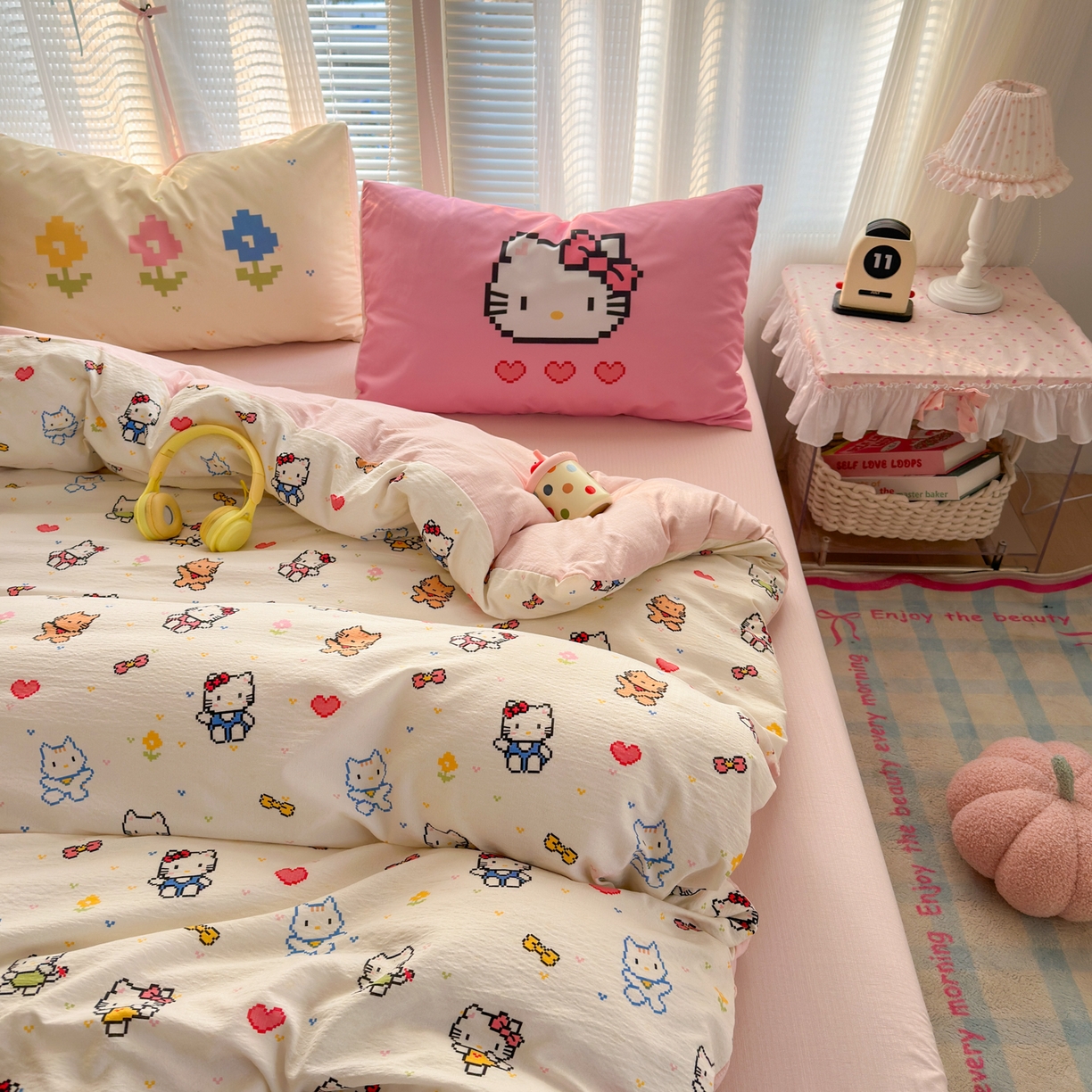 91家纺网 家纺一手货源 找家纺 一霖家纺 2026新款云感皱皱纱小清新印花数码系列四件套 小红书爆款 像素小猫