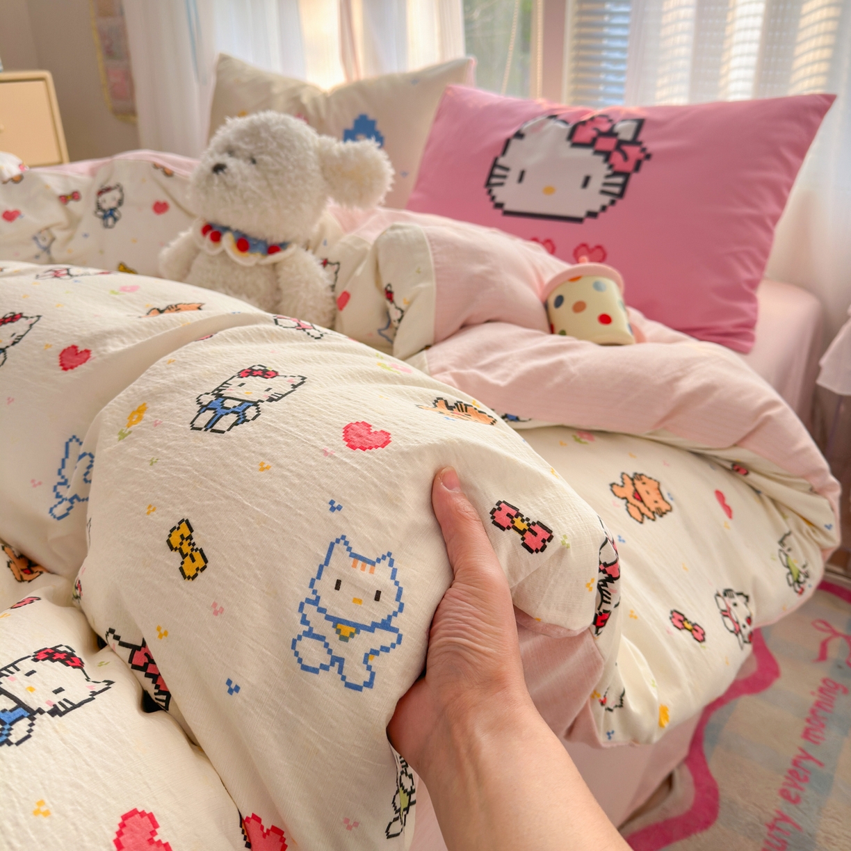 91家纺网 家纺一手货源 找家纺 一霖家纺 2026新款云感皱皱纱小清新印花数码系列四件套 小红书爆款 像素小猫