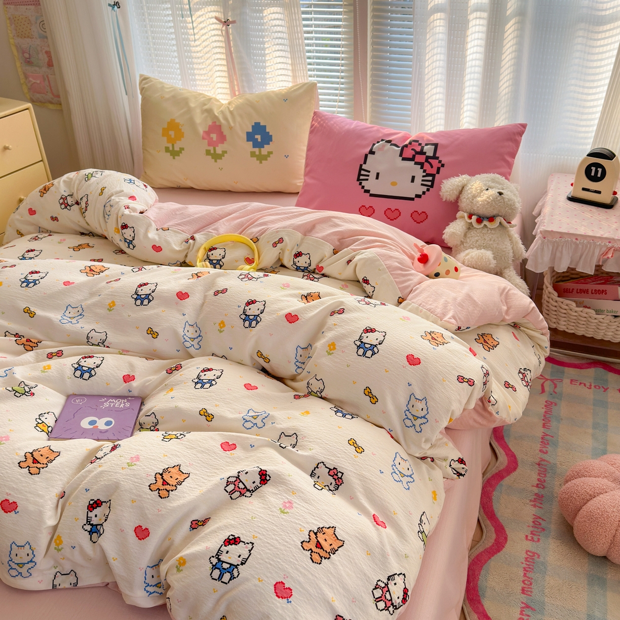 91家纺网 家纺一手货源 找家纺 一霖家纺 2026新款云感皱皱纱小清新印花数码系列四件套 小红书爆款 像素小猫