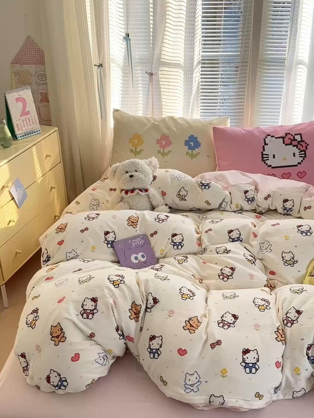 91家纺网 家纺一手货源 找家纺 一霖家纺 2026新款云感皱皱纱小清新印花数码系列四件套 小红书爆款 像素小猫