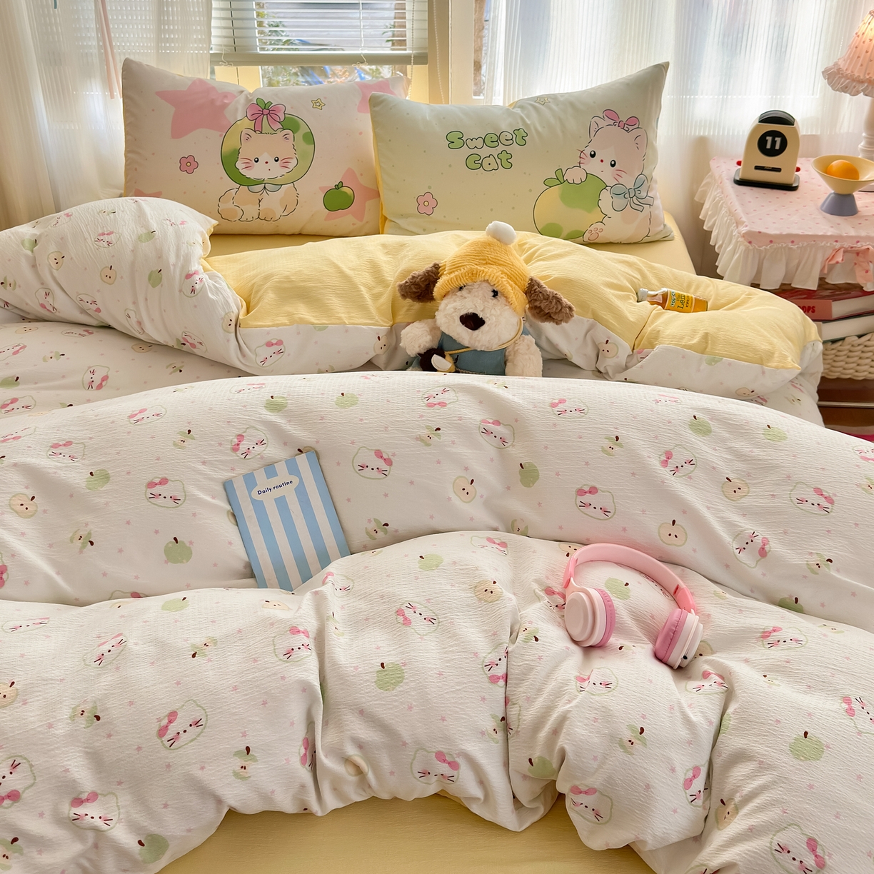 一霖家纺 2026新款云感皱皱纱小清新印花数码系列四件套 小红书爆款 一口青苹果