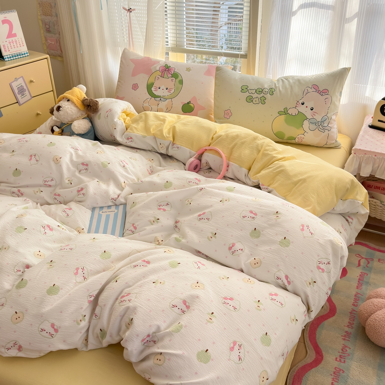 91家纺网 家纺一手货源 找家纺 一霖家纺 2026新款云感皱皱纱小清新印花数码系列四件套 小红书爆款 一口青苹果