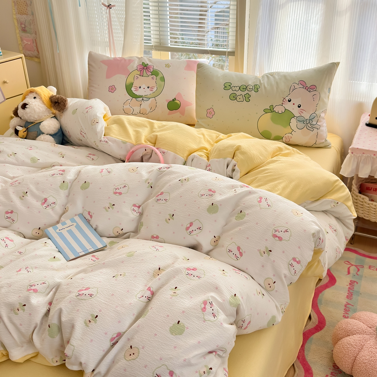 91家纺网 家纺一手货源 找家纺 一霖家纺 2026新款云感皱皱纱小清新印花数码系列四件套 小红书爆款 一口青苹果