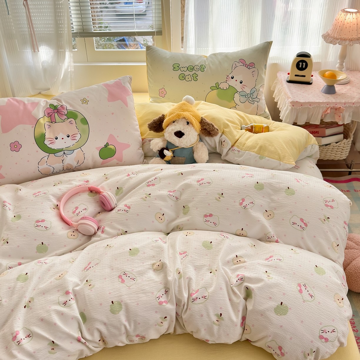 91家纺网 家纺一手货源 找家纺 一霖家纺 2026新款云感皱皱纱小清新印花数码系列四件套 小红书爆款 一口青苹果