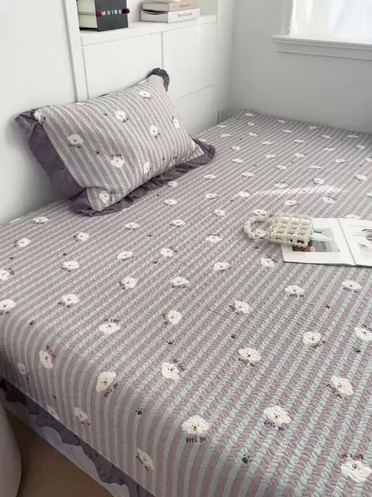 91家纺网 家纺一手货源 找家纺 暖居 2026新款支持定制法式花边纯棉榻榻米四件套全棉大炕盖三件套四季通用 旺仔紫色