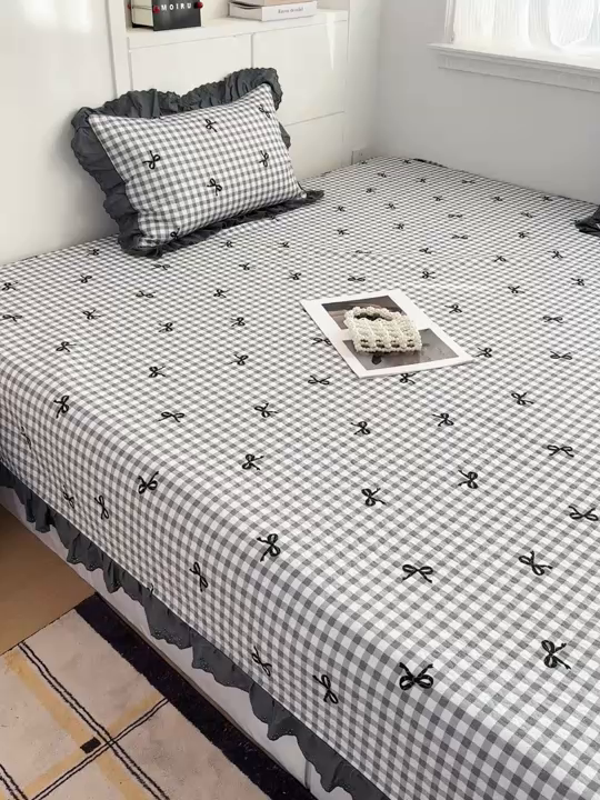 91家纺网 家纺一手货源 找家纺 暖居 2026新款支持定制法式花边纯棉榻榻米四件套全棉大炕盖三件套四季通用 灰格蝴蝶结