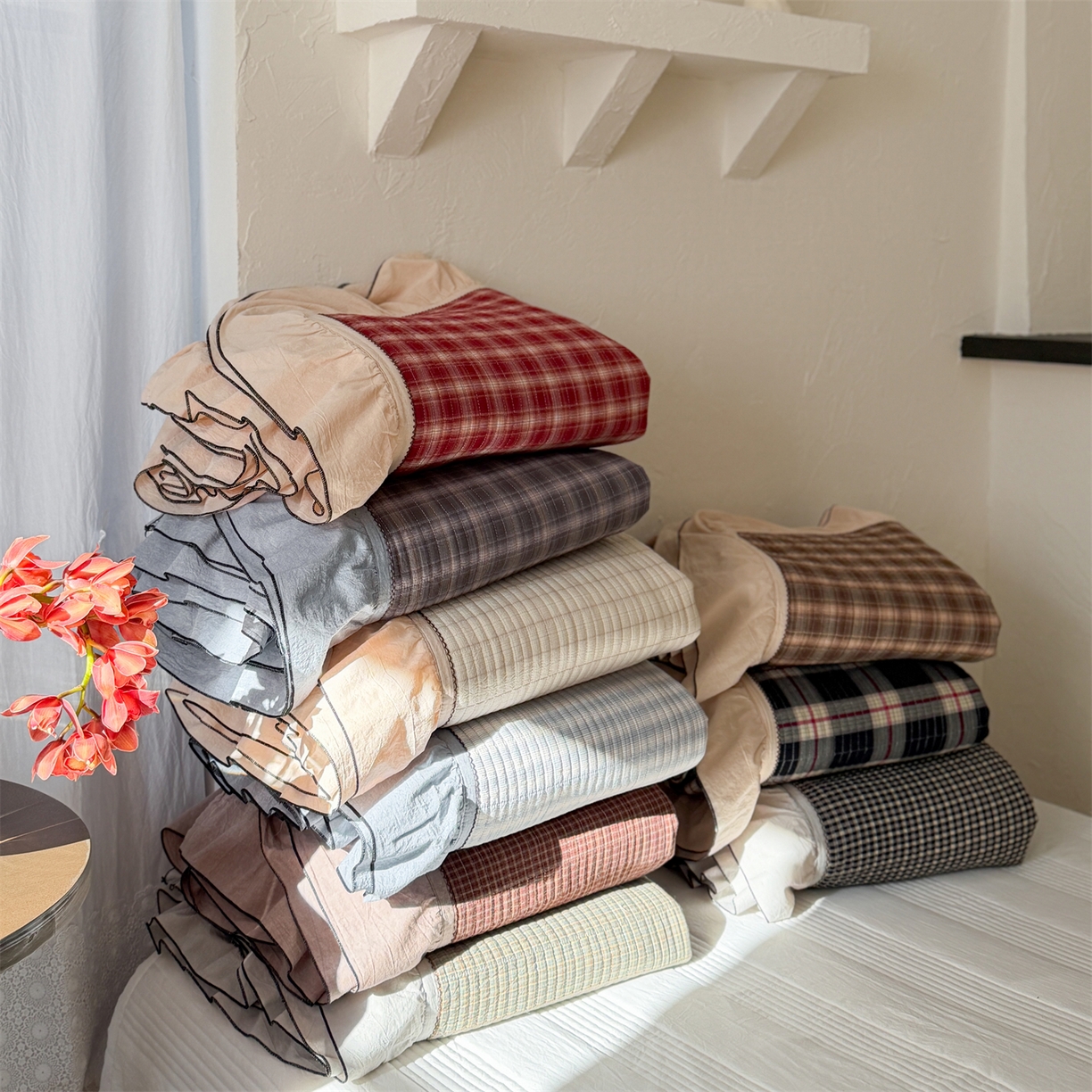 91家纺网 家纺一手货源 找家纺 乐野家居 2026新款全棉色织水洗棉格致系列-四件套 组合