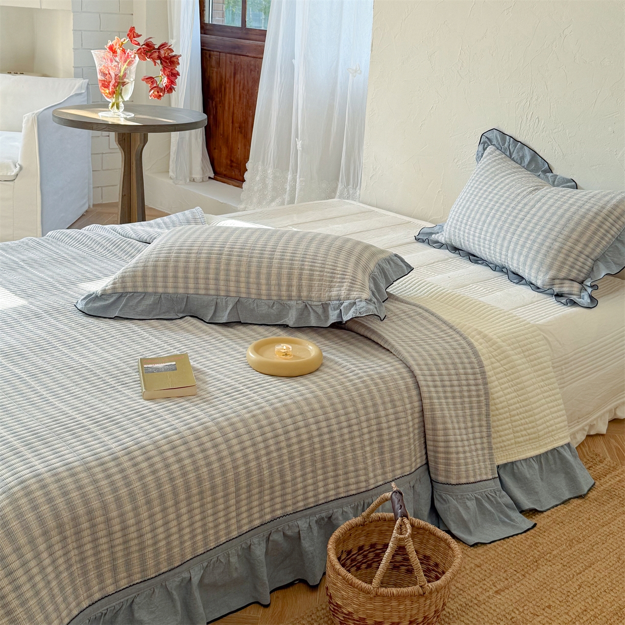 91家纺网 家纺一手货源 找家纺 乐野家居 2026新款全棉色织水洗棉格致系列-四件套 格致-海盐细格