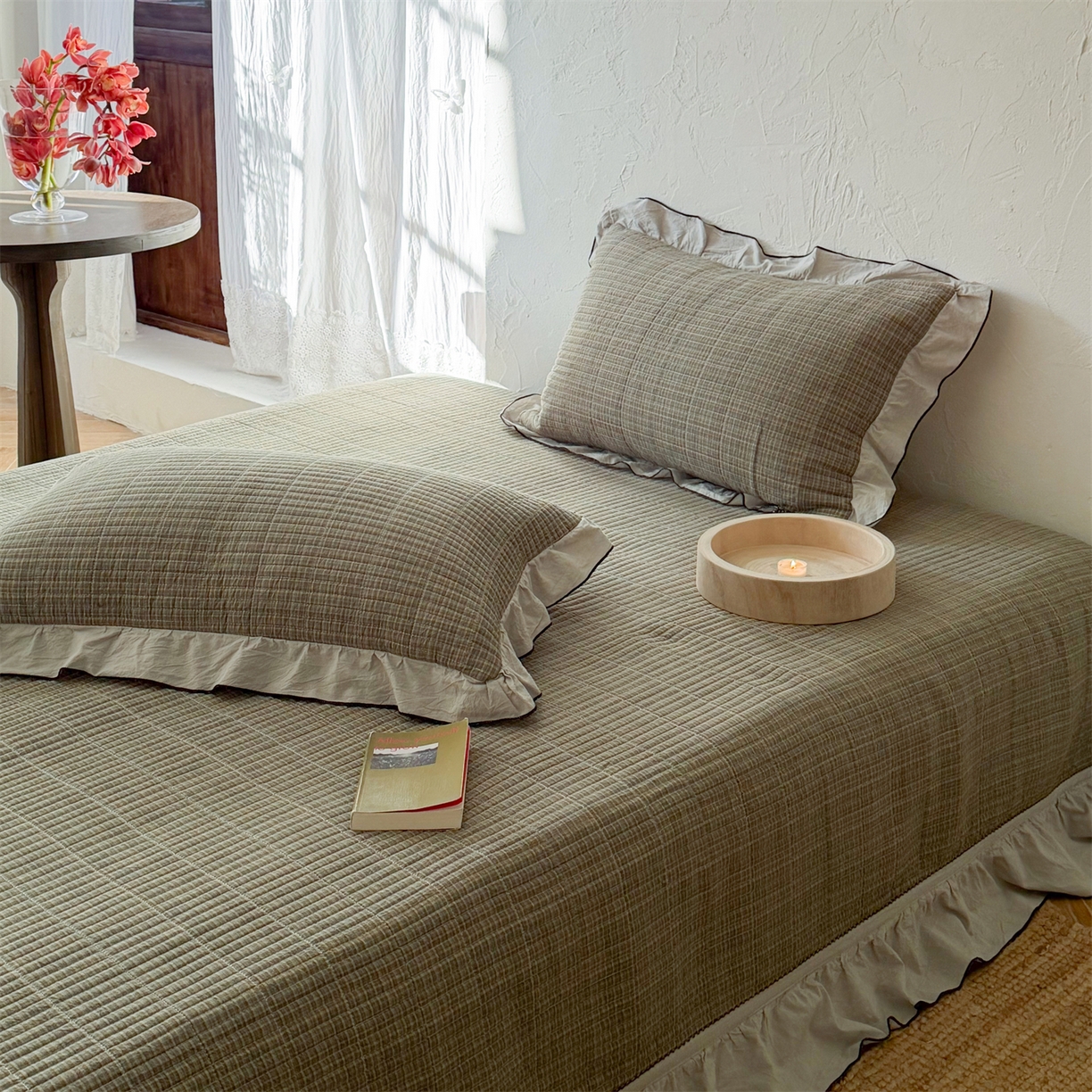 91家纺网 家纺一手货源 找家纺 乐野家居 2026新款全棉色织水洗棉格致系列-四件套 格致-墨禾绿格