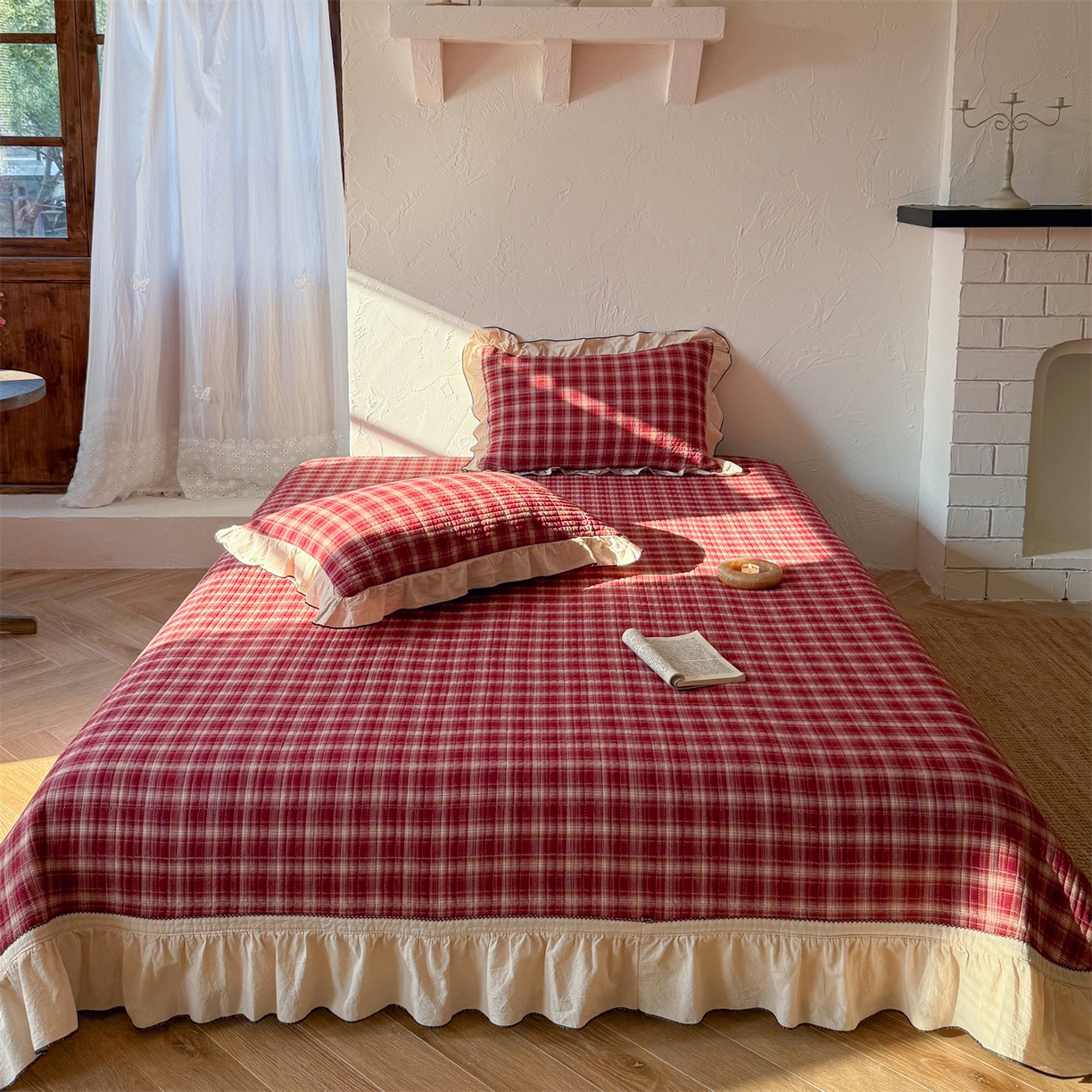 91家纺网 家纺一手货源 找家纺 乐野家居 2026新款全棉色织水洗棉格致系列-四件套 格致-新年红格