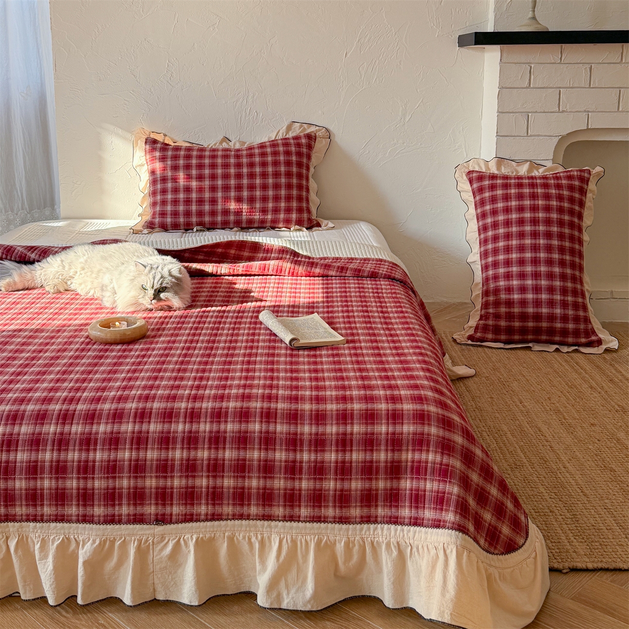 91家纺网 家纺一手货源 找家纺 乐野家居 2026新款全棉色织水洗棉格致系列-四件套 格致-新年红格