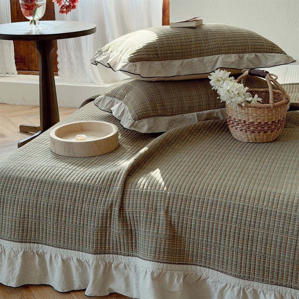 91家纺网 家纺一手货源 找家纺 乐野家居 2026新款全棉色织水洗棉格致系列-四件套 格致-墨禾绿格