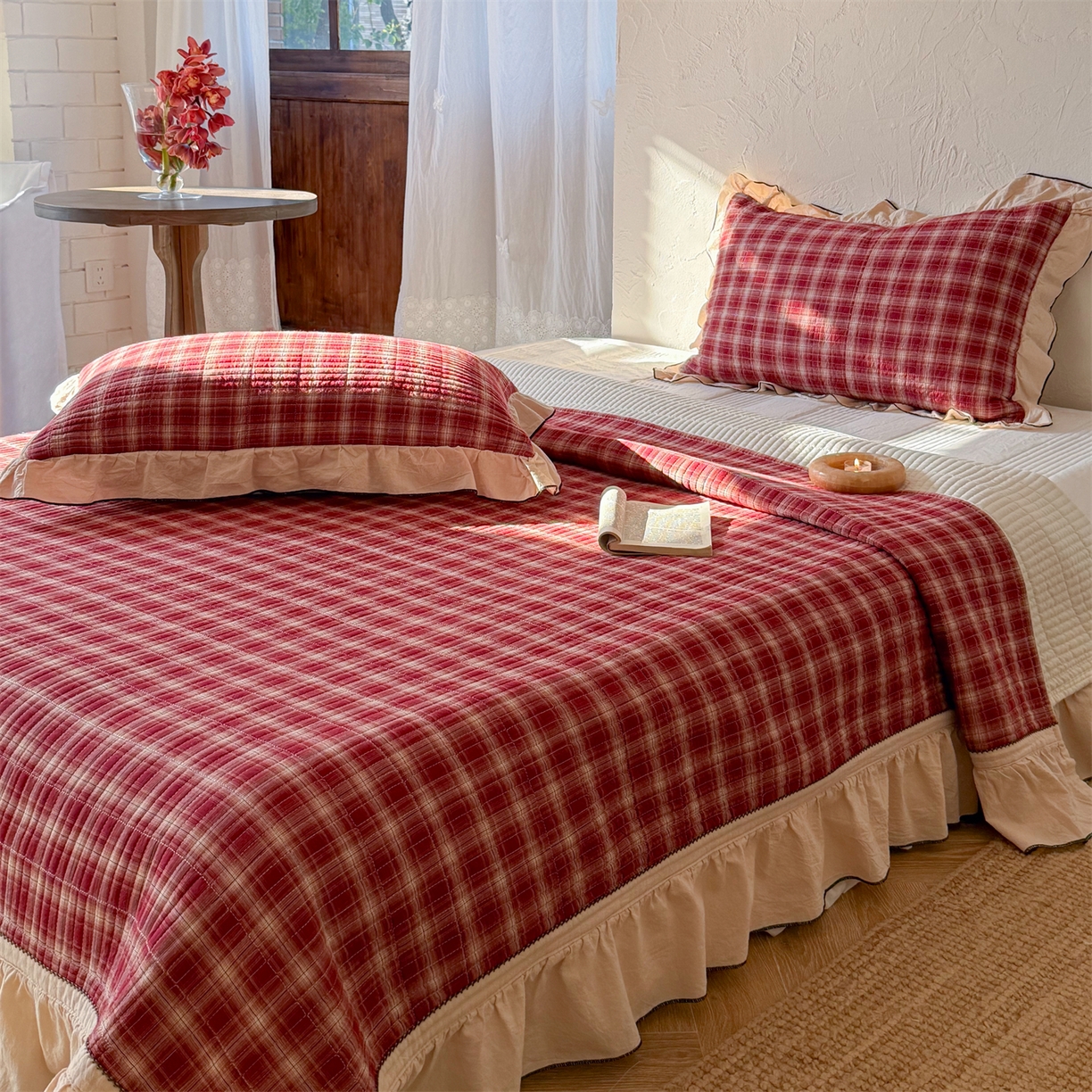 91家纺网 家纺一手货源 找家纺 乐野家居 2026新款全棉色织水洗棉格致系列-四件套 格致-新年红格