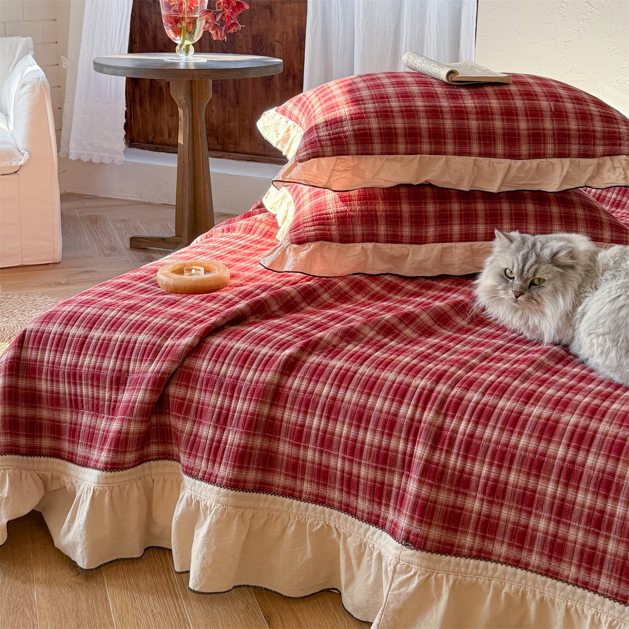 91家纺网 家纺一手货源 找家纺 乐野家居 2026新款全棉色织水洗棉格致系列-四件套 格致-新年红格