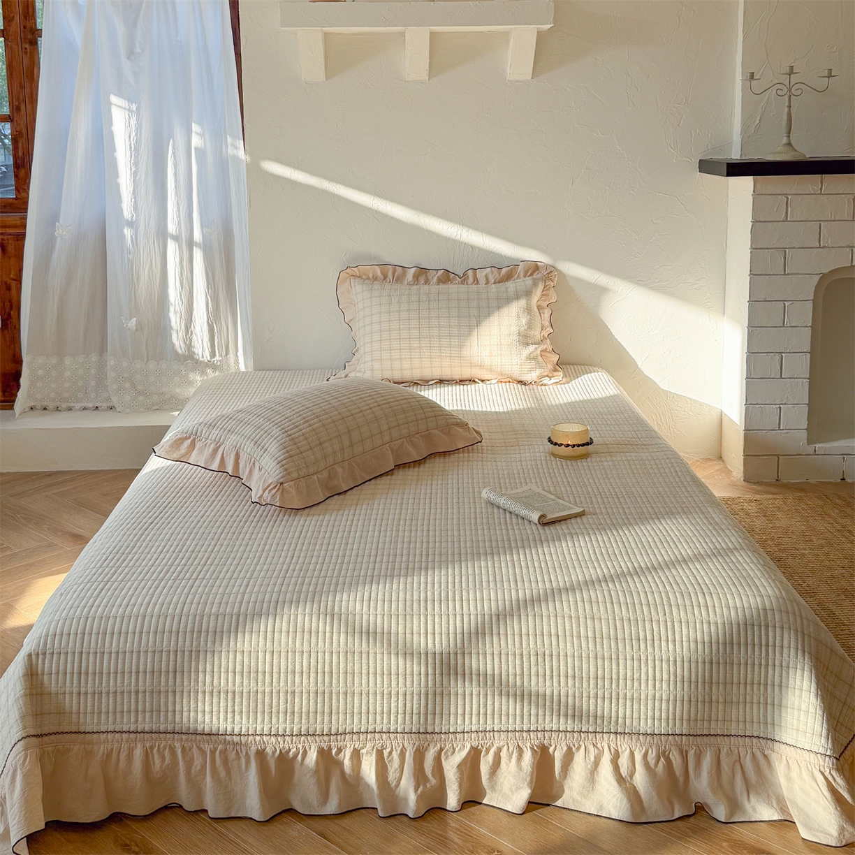 91家纺网 家纺一手货源 找家纺 乐野家居 2026新款全棉色织水洗棉格致系列-单床盖 格致-芝士奶格